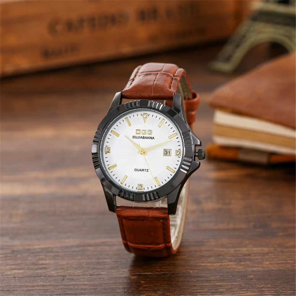 Fashion DQG Brand Men Watches Simple vintage Scale Calendar Mens Quartz Watch Luxury Brown Leather Dress Wristwatches Clock