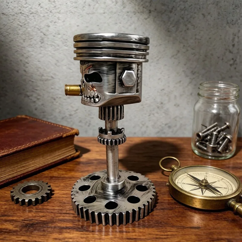 Carving Piston Skull Head Sculpture Retro Mechanical Punk Resin Figurine Creative Funny Home Office Desktop Art Decor Ornaments