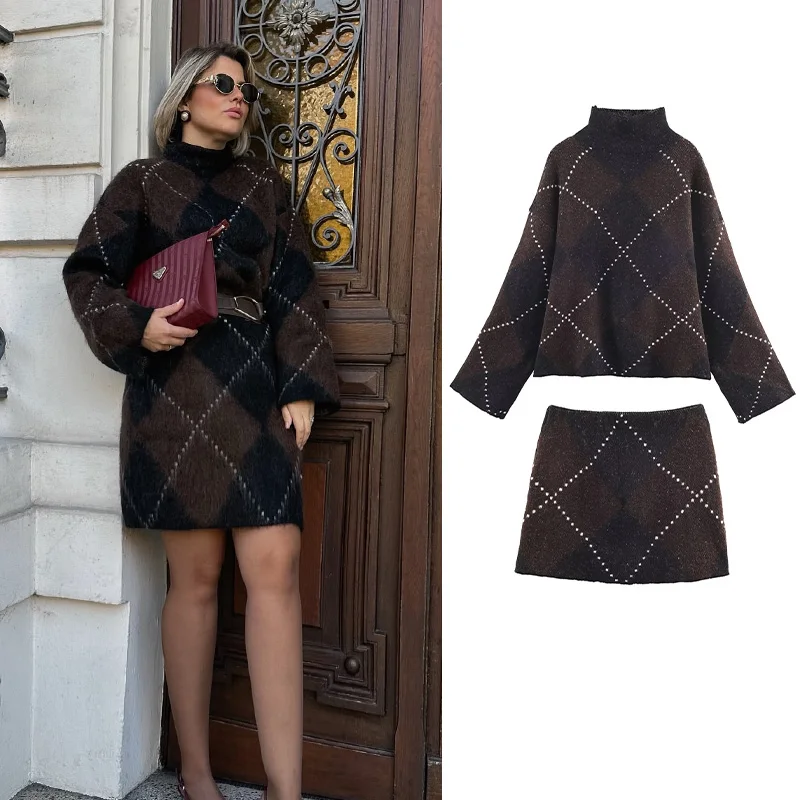 HH Damen Streetwear Strickrock-Set Braun Argyle Langarm-Pullover + Hochgeschnittener Schmaler Rock Vintage Warmes Trendiges Set