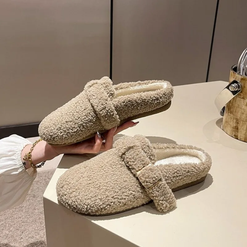 

Теплые утолщенные пушистые тапочки из овечьей шерсти, женские зимние тапочки-мулы на плоской подошве 2024, женские брендовые дизайнерские туфли на толстой подошве с птицами
