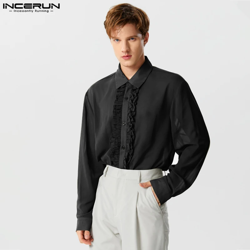 Fashion Casual Style Tops INCERUN New Men's Chiffon Transparent Ruffled Placket Shirts Male Thin Long Sleeved Lapel Blouse S-5XL