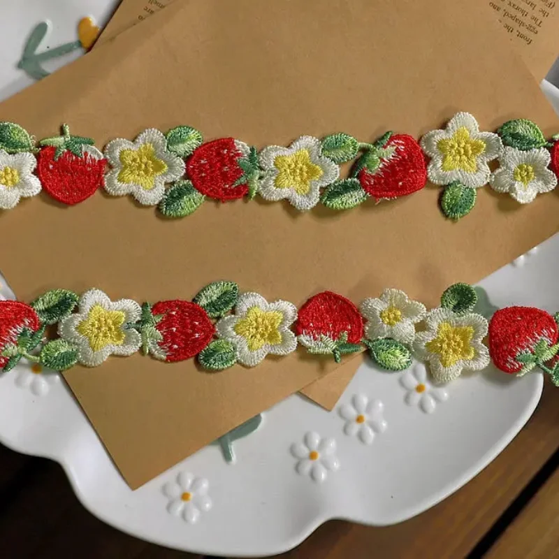 Embroidery Strawberry Flower Lace Trim, Barcode DIY Clothes, Necklace Collars Sewing, Handmade Decoration Accessories, 1Yard