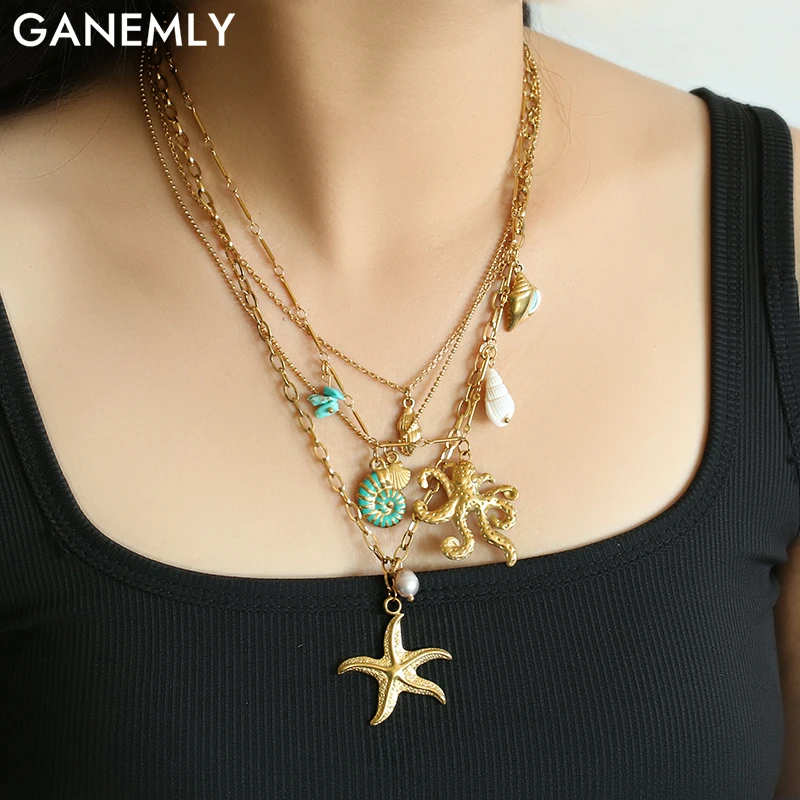 

GANEMLY 316L Stainless Steel Gold Color Starfish Octopus Pendant Necklace For Women Ocean Style Neck Chain Waterproof Jewelry
