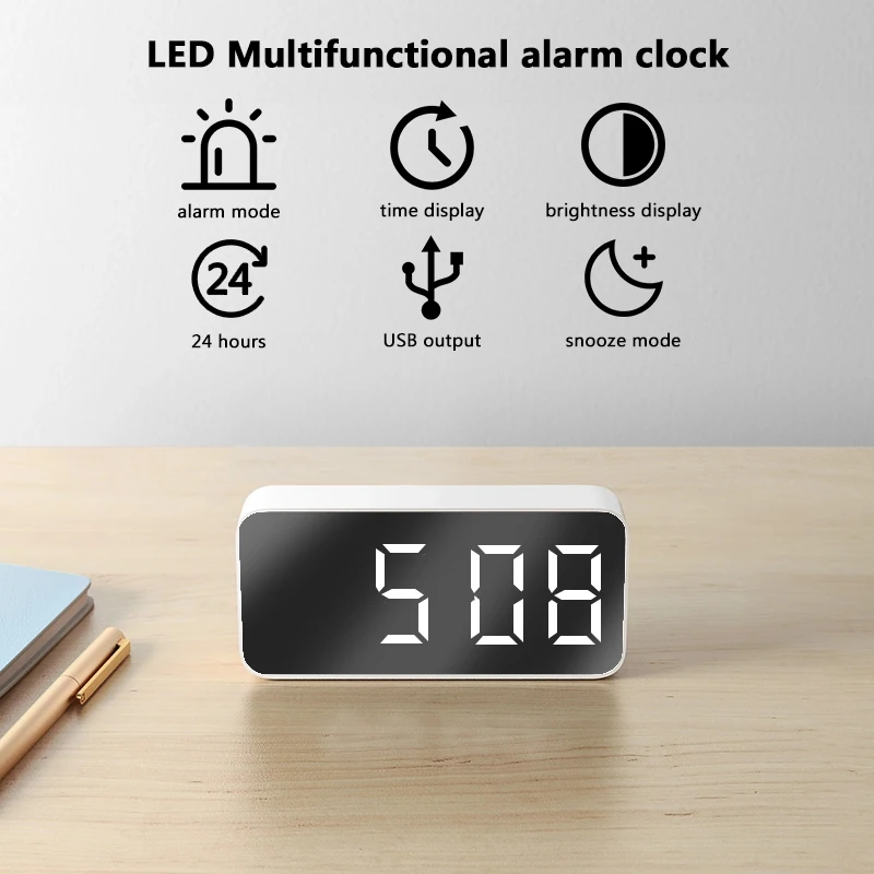 LED Mirror Table Clock Digital Alarm Snooze Display Time Night Light Desktop USB Alarm Clock Home Decor Kid Gift