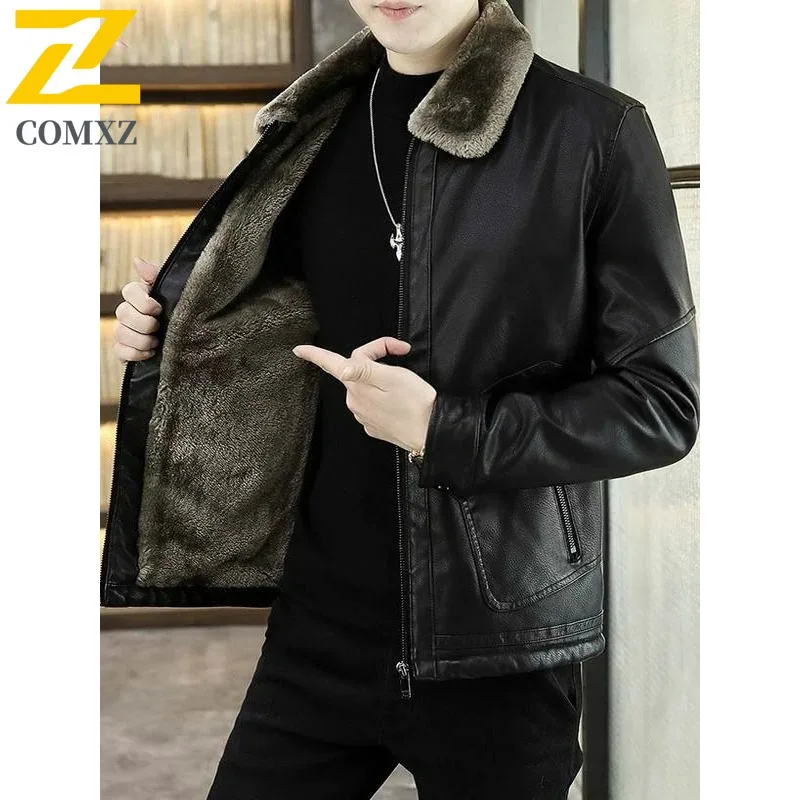 

Модная коричневая куртка из искусственной кожи, мужская зимняя куртка с воротником из искусственного меха, ветрозащитное теплое пальто, мужская роскошная брендовая одежда chaqueta cuero hombre