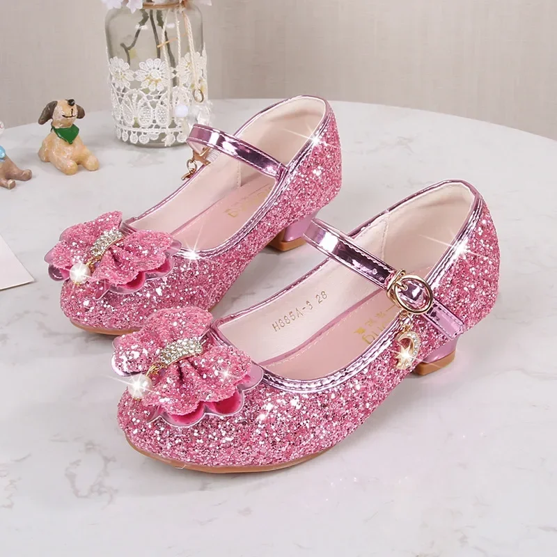 Girls Princess Bowknot Leather Shoes Fashion Girls Party Dance Shoes Kids Diamond High Heel Children Girl Dance Glitter Shoes