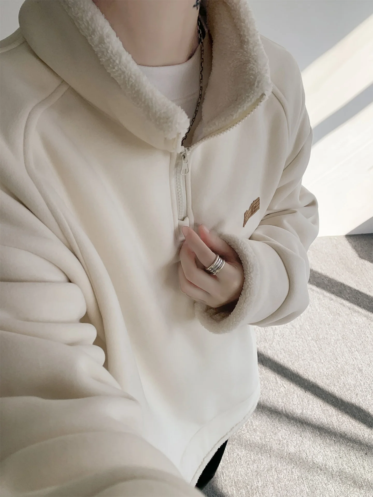 

Мужская зимняя толстовка-худи на молнии с флисовой подкладкой из овечьей шерсти, повседневная, спортивная, свободного кроя, молодежная, больших размеров