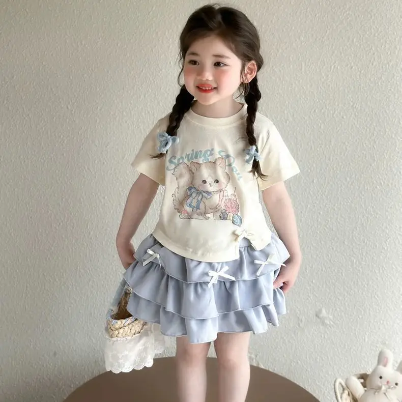2026 summer baby kids children suit Girls set Clothes bow cat t-shirt + pleated layered skirt 2 3 4 5 6 7 8 year