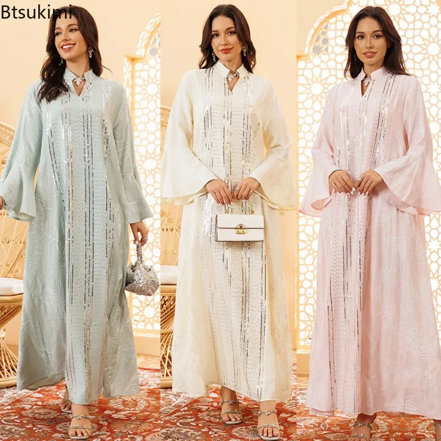 

2026 Muslim Elegant Dresses Women's Embroidery Sequins Abaya Fashion Flare Sleeves Party Dress Ramadan Kaftan Dubai Islamic Gown