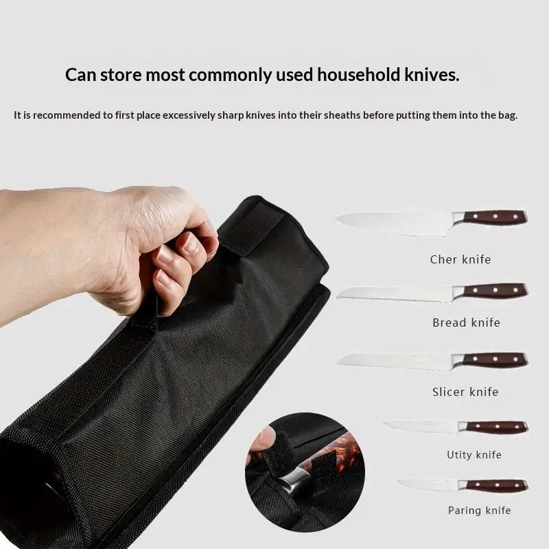 Black Chef Knife Roll Bag 5 Pockets Carry Case Portable Oxford Kitchen Cooking Knives Storage Bags Durable Knife Carrying Punch