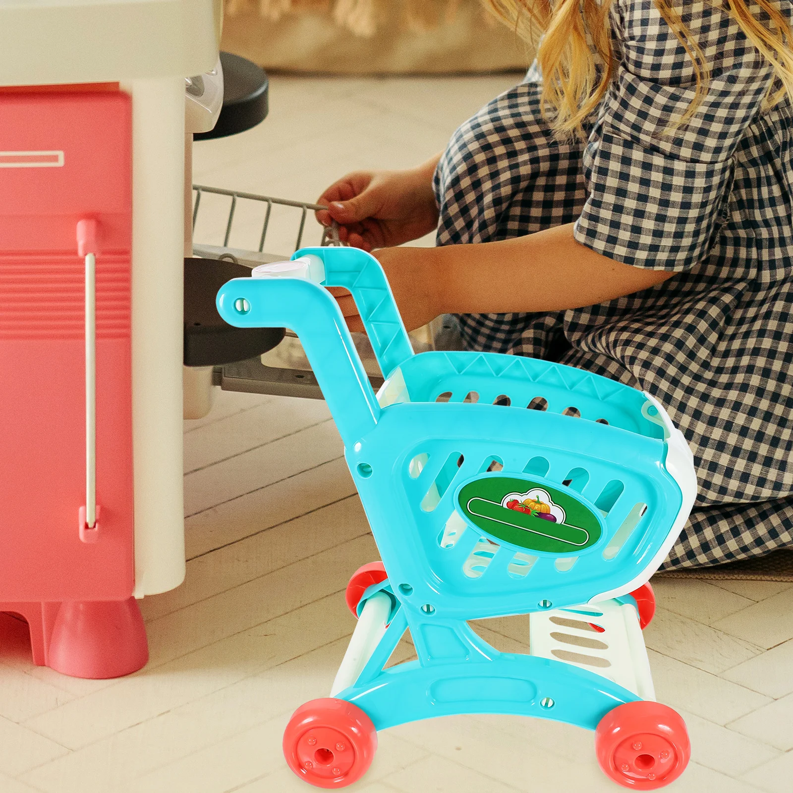 Carrello della spesa di simulazione per bambini Giocattolo con portaoggetti Carrello per giochi di ruolo Carrello per alimenti per bambini Accessori per giochi in plastica rosa per bambini