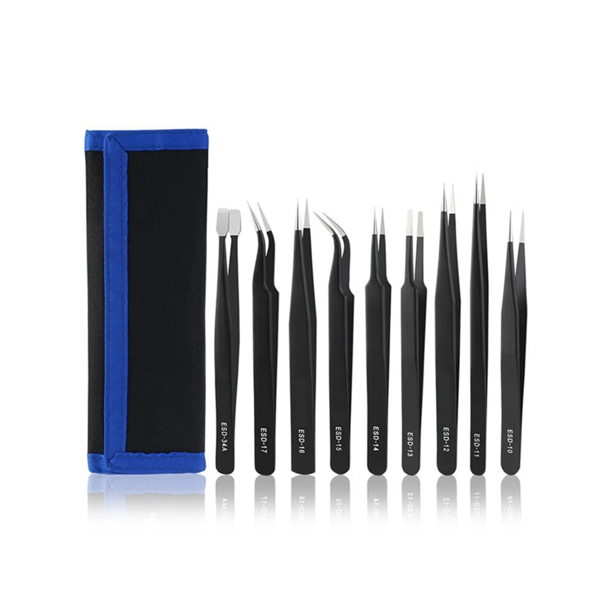 

Anti-Static Tweezers Combination Set Cloth Bag 9-Piece Set Elbow Pointed Flat Head Precision Stainless Steel Tweezers.