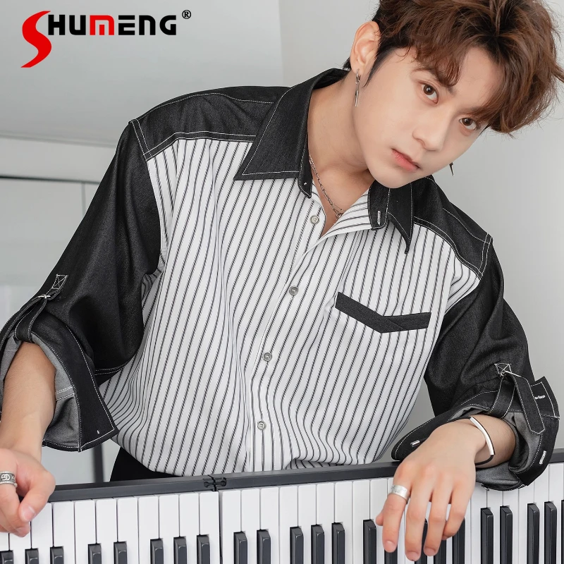 

Men's 2025 Spring Autumn New High-end Fashion Shirts Male Stylish Denim Splicing Striped Long-sleeve Shirts Men's Handsome Tops