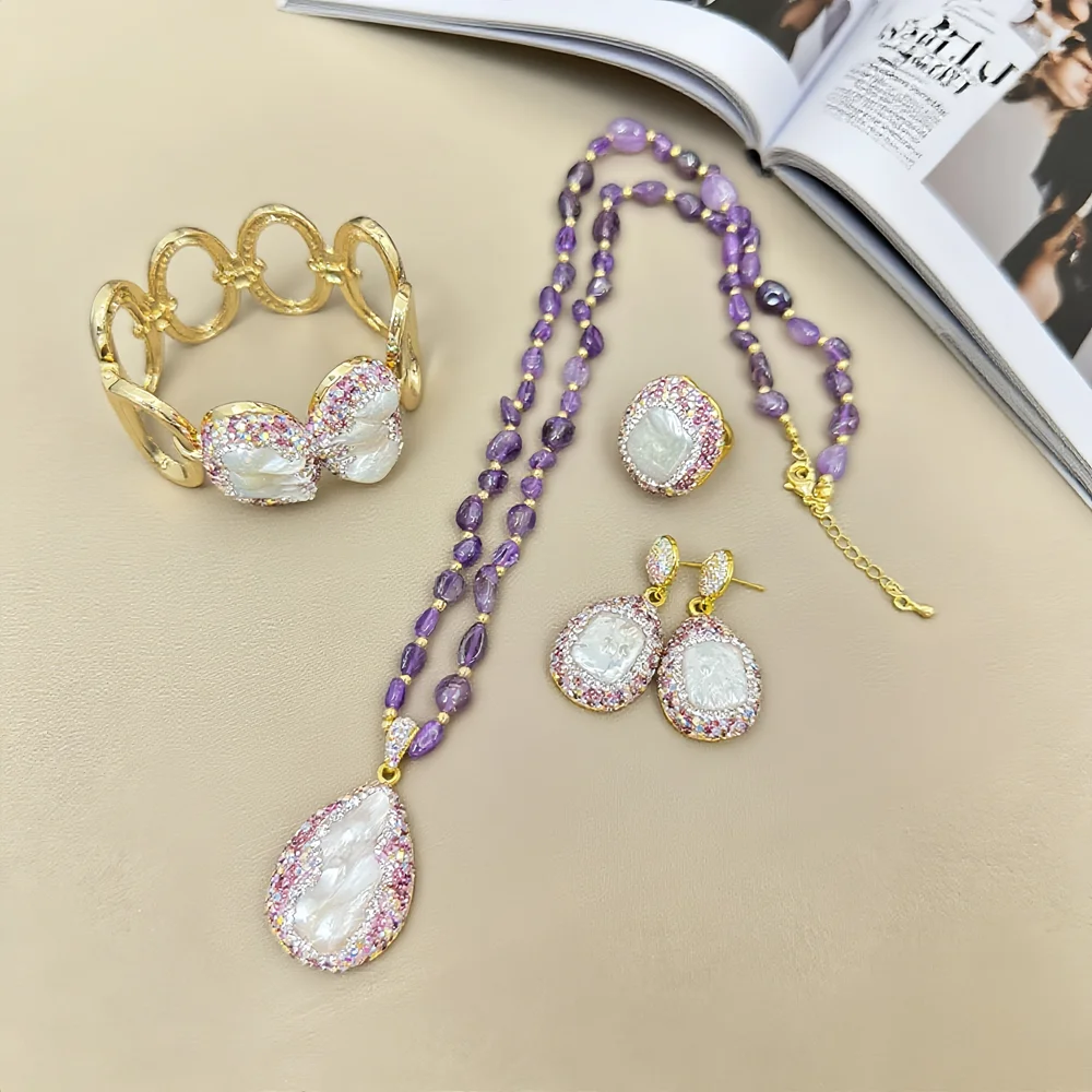 Turkish Style Freshwater Pearl Baroque Pearl Necklace Bangle Rings Jewelry Sets Rull Rhinestone Amethyst Starnd Chain for Women