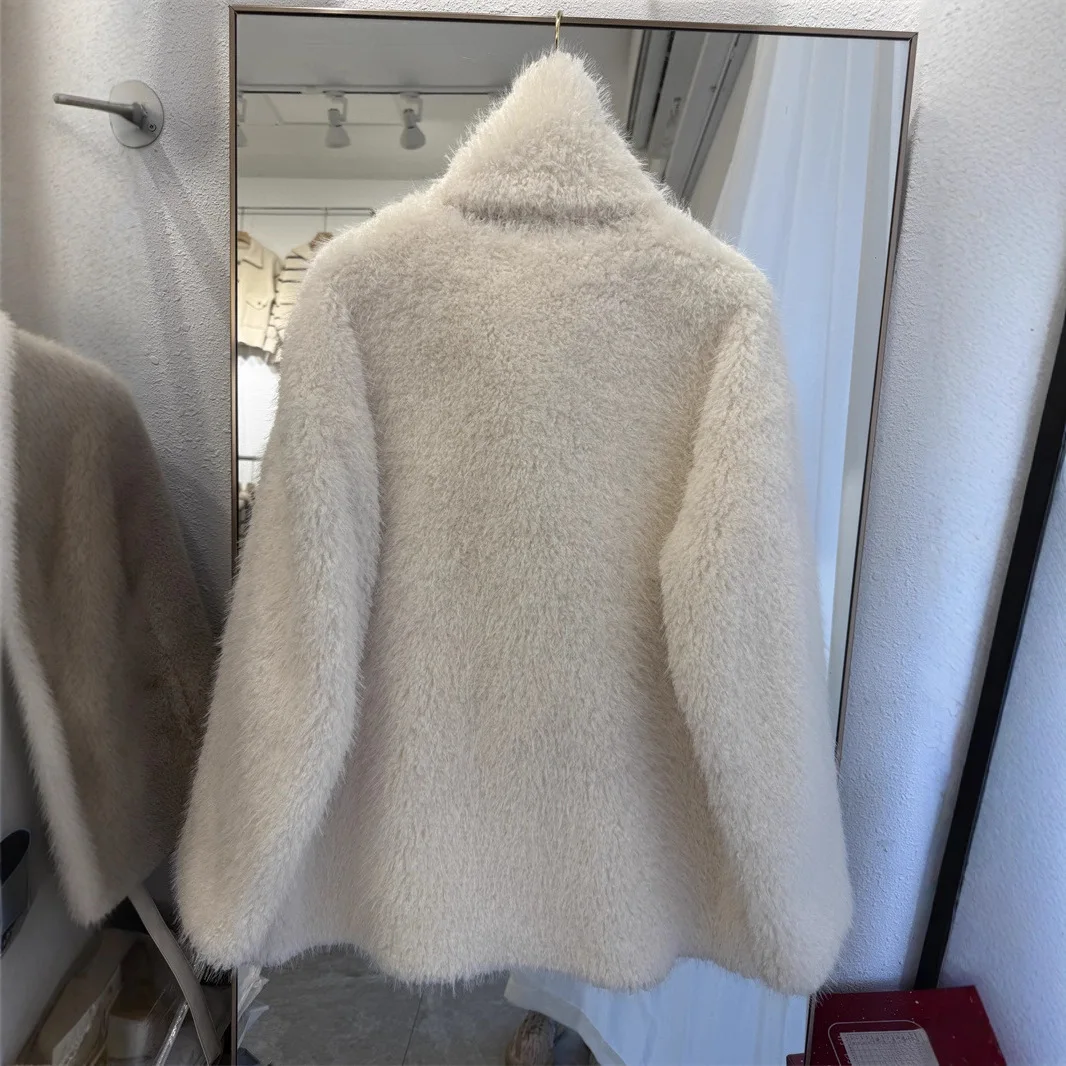 ファイオナブル・ティエンエド・レザー・ファー・インティネイテッド・コート・ウィメンズ・Vネック・ミドル丈・人工シープ・シザーズ・ベルベット・ジャケット