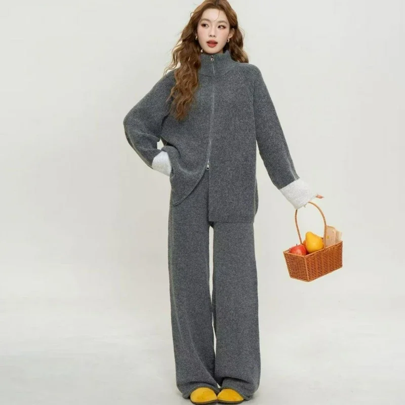 

Winter Leisure Double Zipper Loose Two-piece Set Korean Style Patchwork Color-blocking Long-sleeved Knitted Pants Set for Women