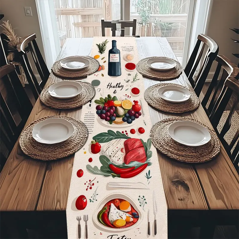 1 Piece of Modern Style Colorful Food and Wine Pattern Table Runner, Suitable for Farmhouse, Indoor, Kitchen, Celebrations, Table Decoration, Restaurant and Banquet Decoration Supplies