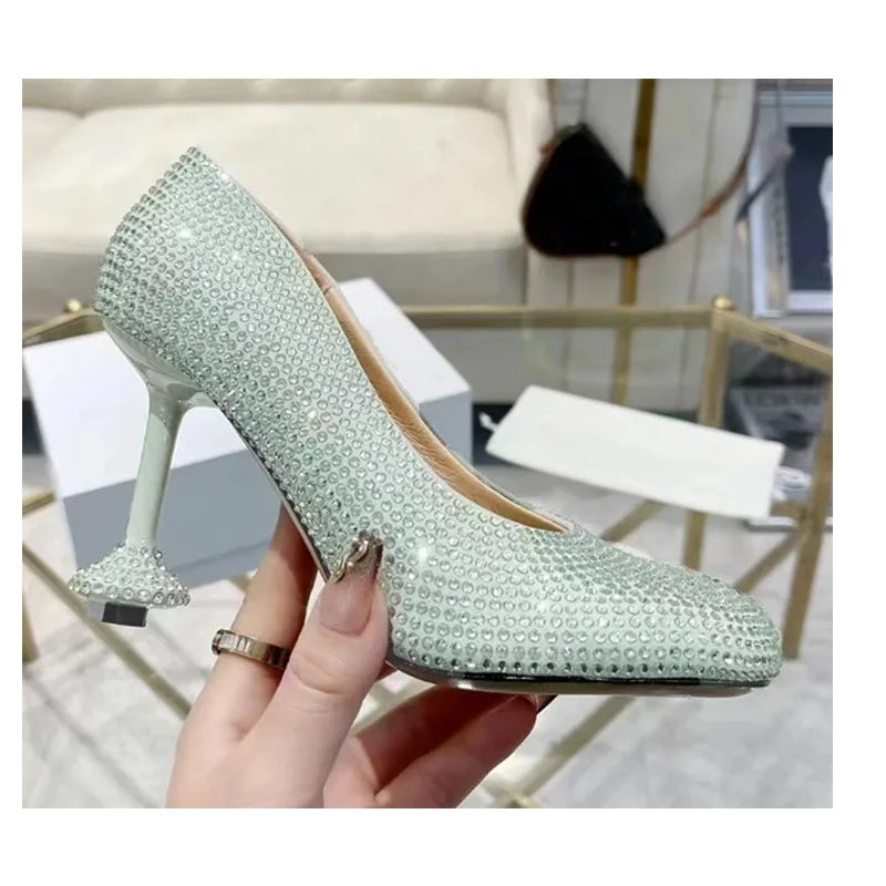 

Green Rhinestone Square Toe Sexy Special-Shaped Heel Pumps Woman Summer 2025 Pink Slip-On Large-Size High Heel Shoes Fashion