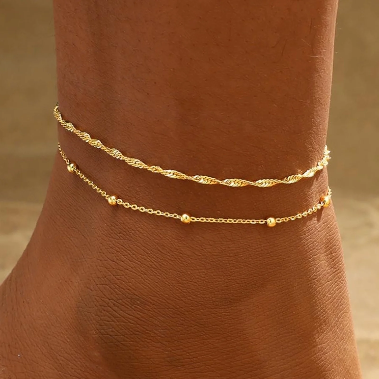 Tarnish Free Bead Anklet,Stainless Steel Double Layered Foot Chain Adjustable,Summer Beach Versatile Jewelry for Her Gift