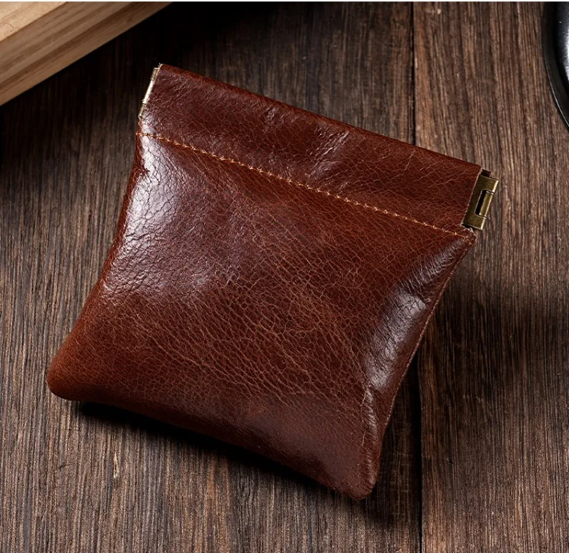 3 Size Options Genuine Leather Squeeze Coin Purse, Automatic Closing Jewelry Pouch, Multi-Size Mini Storage Bag for Small Items