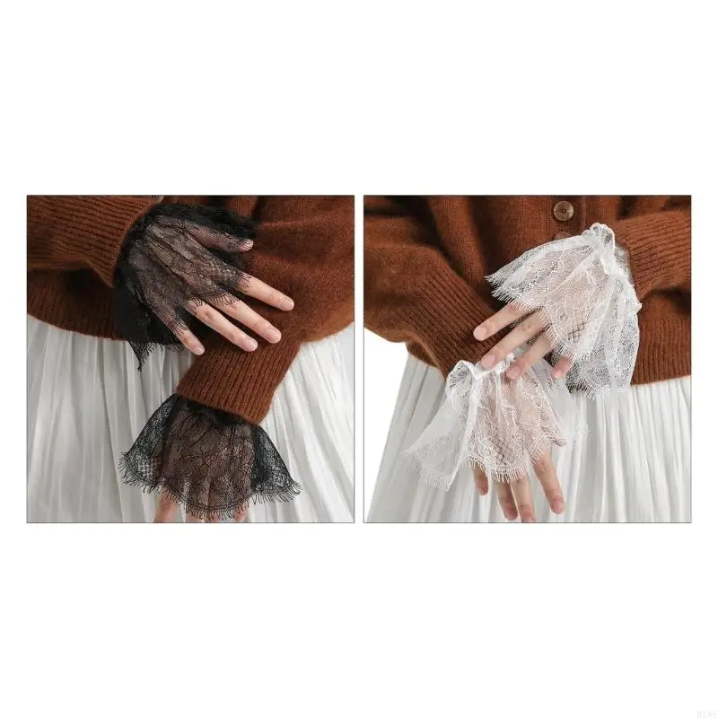 

R1WE Decorated Cuffs Fake Sleeve for Wedding Dress Wild Decorative Lace Sleeves Flounces Wrist Sleeves Pleated Wrist Cuffs