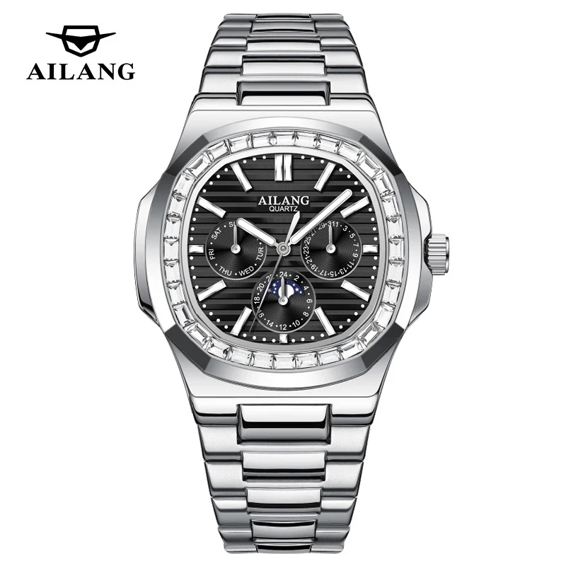 

AILANG Роскошные часы с фазой Луны, мужские часы для мужчин, водонепроницаемые кварцевые часы, часы с бриллиантами, новые модные мужские подарки, наручные часы