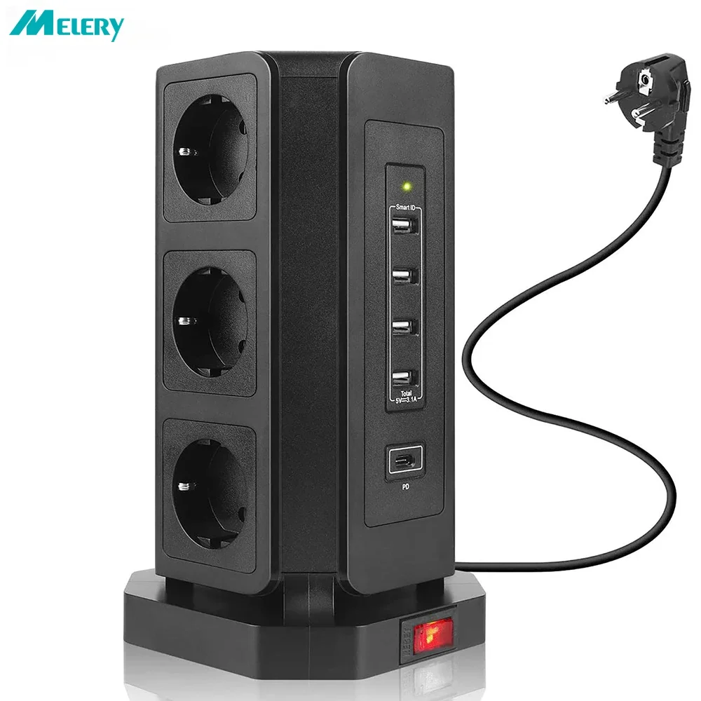 

Melery Vertical Power Strip EU Electrical Tower Kr Plug Outlet Socket USB Type C Cable Surge Circuit Protector 2m Extension Cord