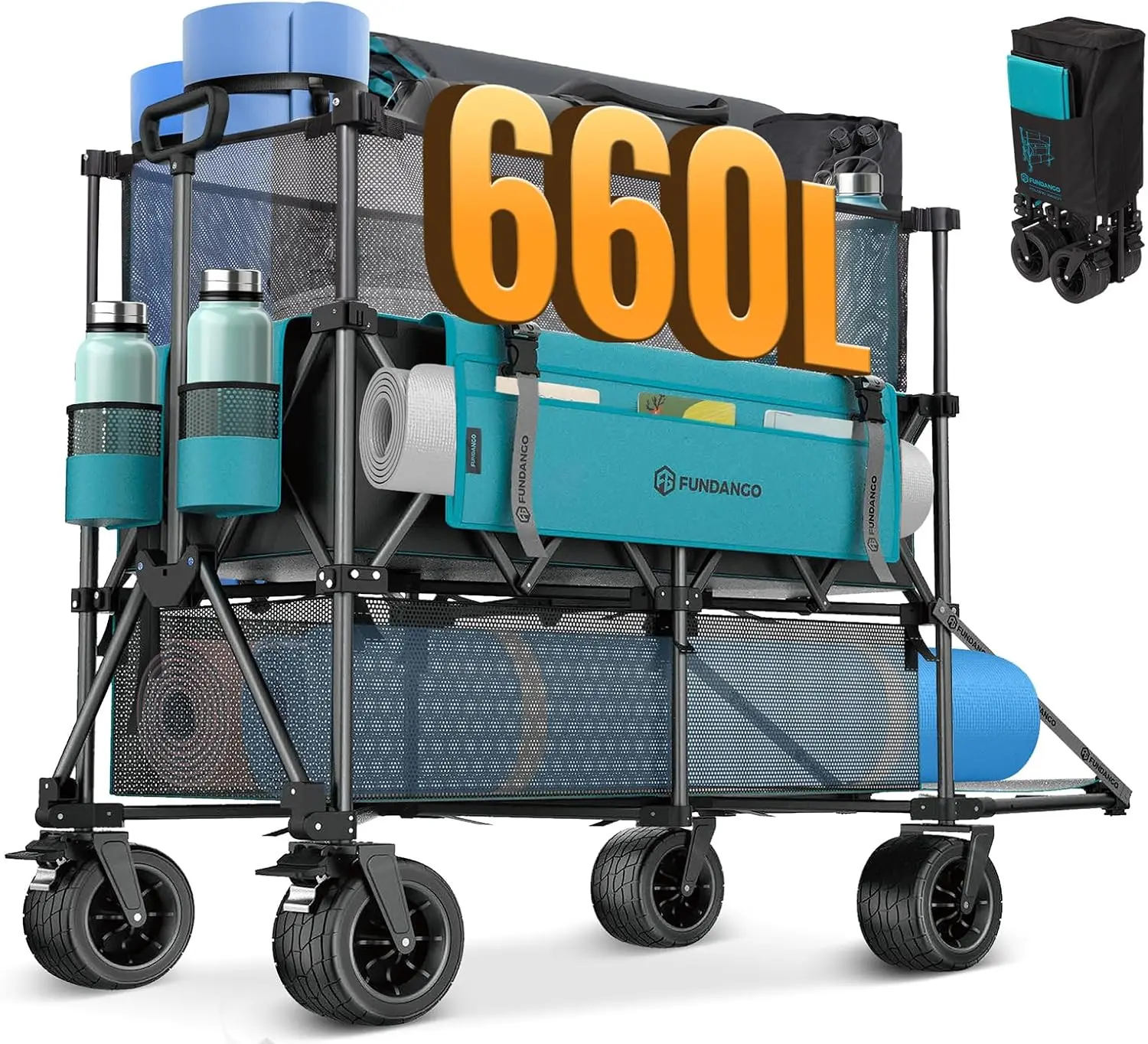 

Double Decker Wagon with High Extender, 660L Foldable Heavy Duty Cart for Camping, Baseball Gear, Home Use in Blue