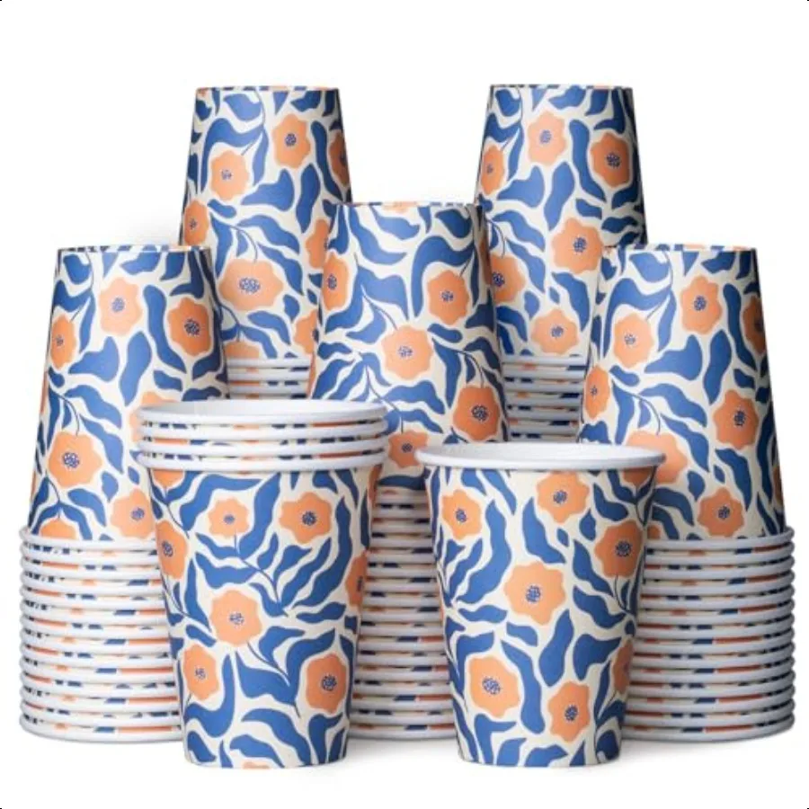 Tazas de café, paquete de 100 vasos de papel a granel de 12oz para bebidas frías o calientes, tazas con diseño floral MatisseStyle para fiestas de oficina y nos herramientas