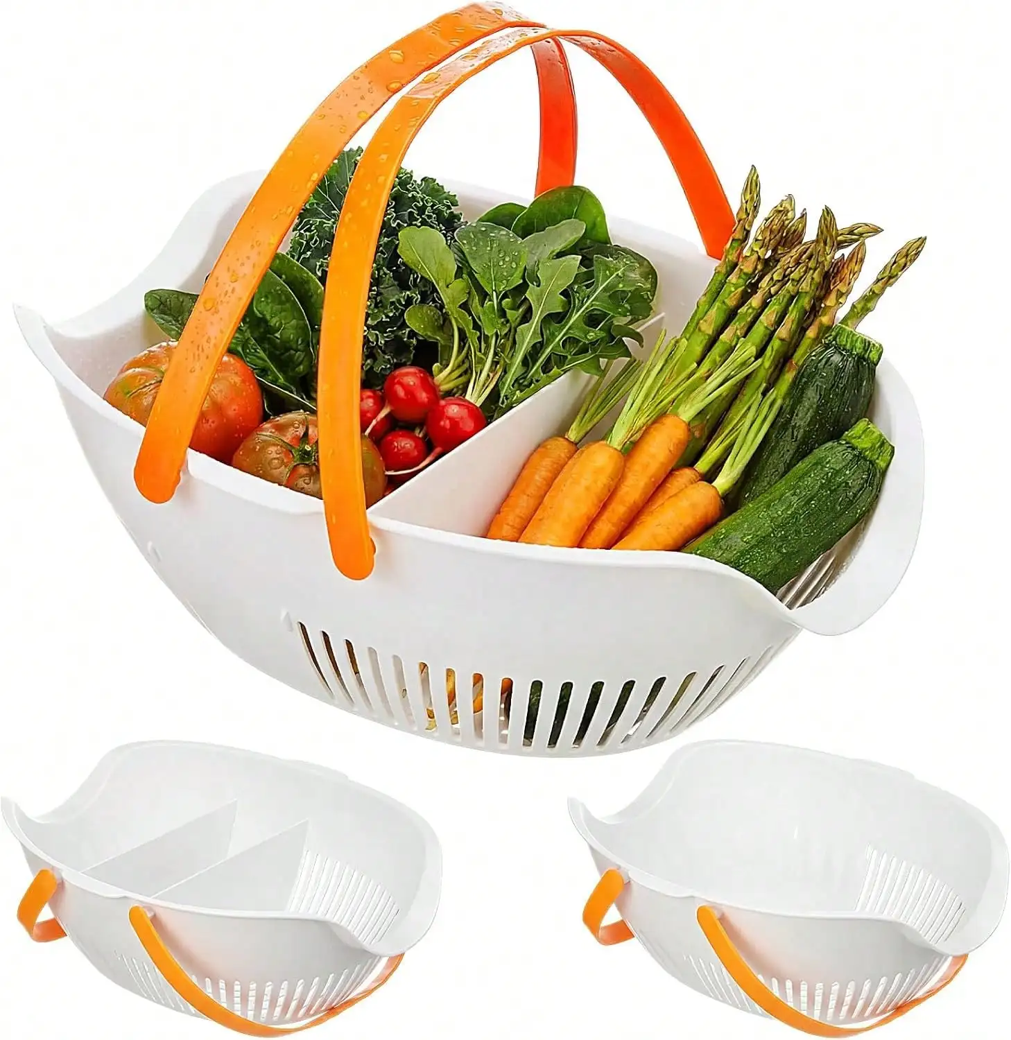 

3 Piece Garden Harvest Basket Set With Removable Partitions And Tool Caddy Portable Plastic Vegetable Fruit Colander For Gathering Carrying And Rinsing Modern Outdoor Gardening Storage Accessory Black
