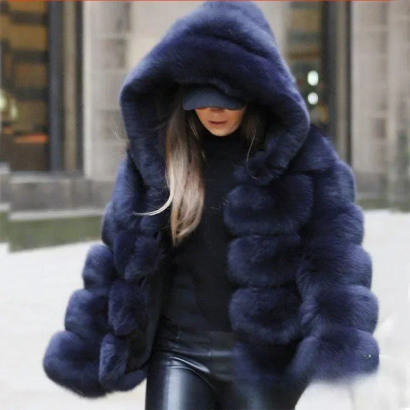 Hot autumn and winter new imitation fox fur coat splicing hooded women's warm fur coat