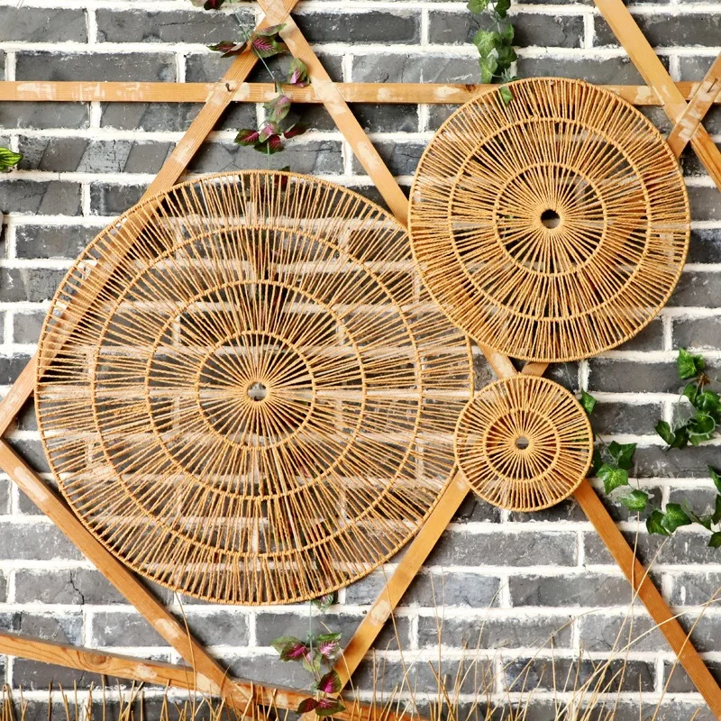 Handmade Round Rattan Woven Wall Decor Grass Reed Hanging Ornament Living Room Boho Home Wall Art Wedding Party Wall Decoration