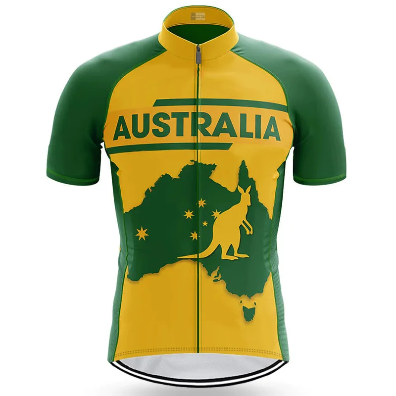 

Team AU Cycling Jersey Short Sleeve Top Road Wear Clothing Bike Shirt Motocross Bicycle Breathable Great Australia Flag Green