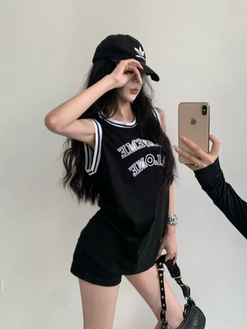 Summer retro embroidered letter black loose contrasting sleeveless T-shirt basketball sports vest jersey trend for women