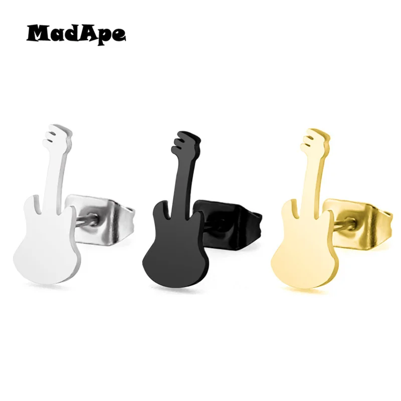 MadApe Cute Guitar Stainless Steel Stud Earrings 2019 New Silver Color Black Gold Color Earrings For Women Fashion Jewelry