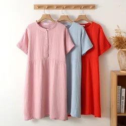 100% Cotton Gauze Maxi Dresses For Women Muslin Short Sleeve Button Up Basic Dress Vestidos De Mujer Robe Argent