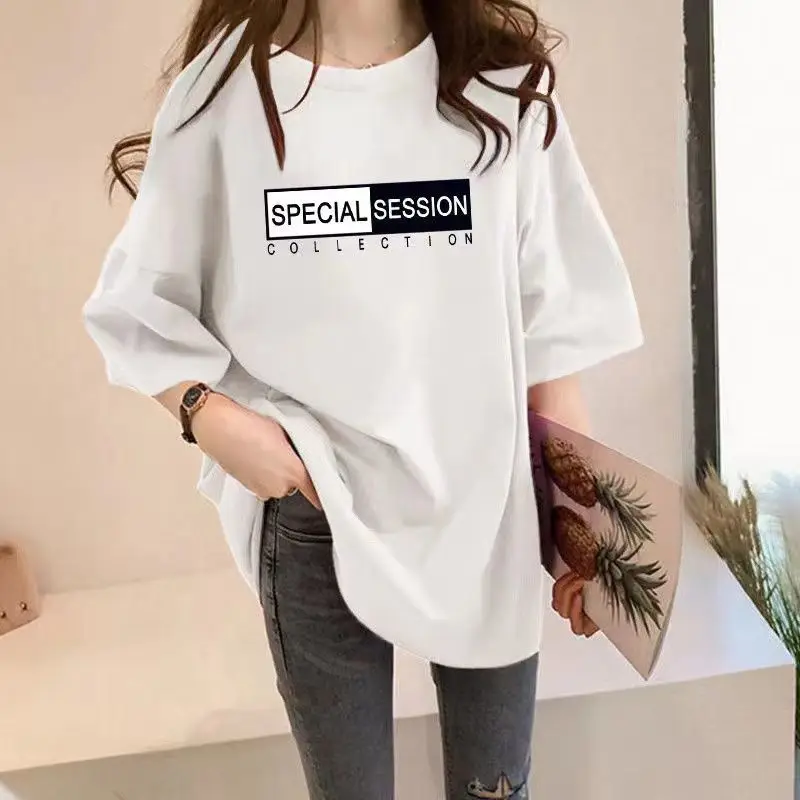 Fashion Casual Printing Letter Mid Length Version T-shirt Women Classic Short Sleeve O-collar Casual All-match Lady Slim Top