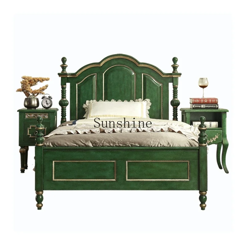 

American rural double solid wood bed retro master bedroom Nordic light luxury French backrest pastoral bed and breakfast