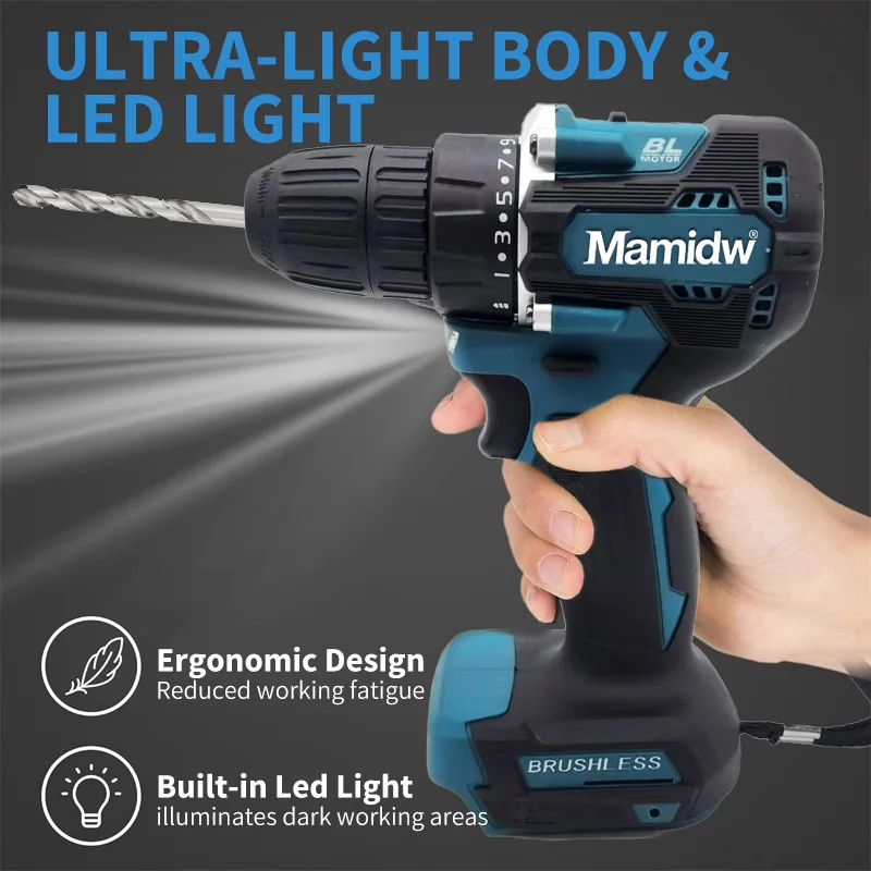Taladro inalámbrico sin escobillas Mamidw 487 18V, taladro eléctrico para reparaciones y trabajos de bricolaje en el hogar, para batería