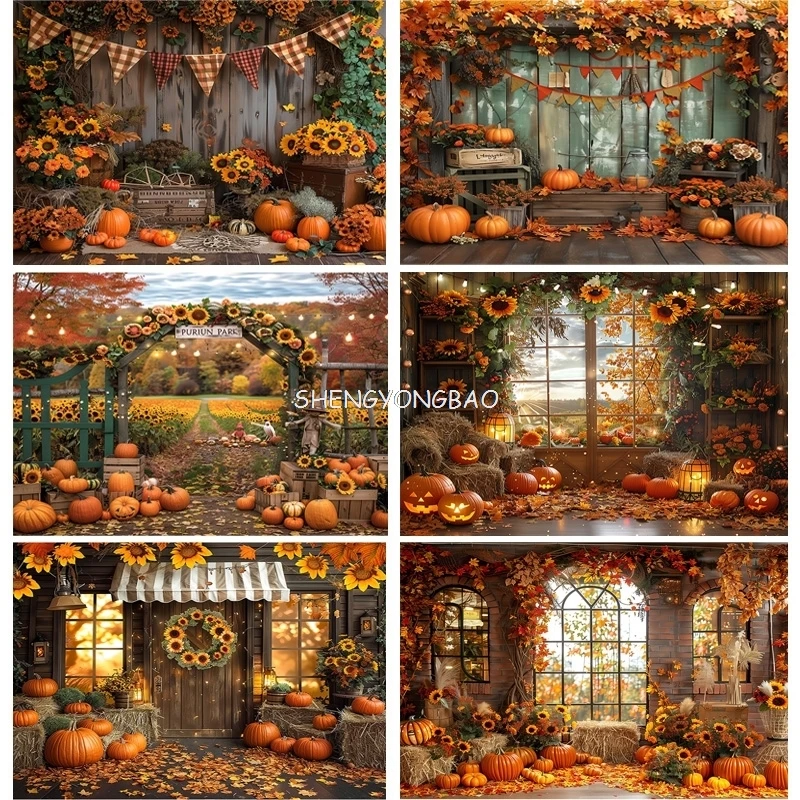 

Autumnal Pumpkins Farm Photography Backdrops Props Halloween Fall Field Maple Leaf Scarecrow Fence Photo Studio Background FM-05