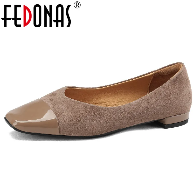 

FEDONAS Spring Summer Basic Women Pumps Splicing Kid Suede Leather Square Toe Low Heels Concise Office Ladies Casual Shoes Woman