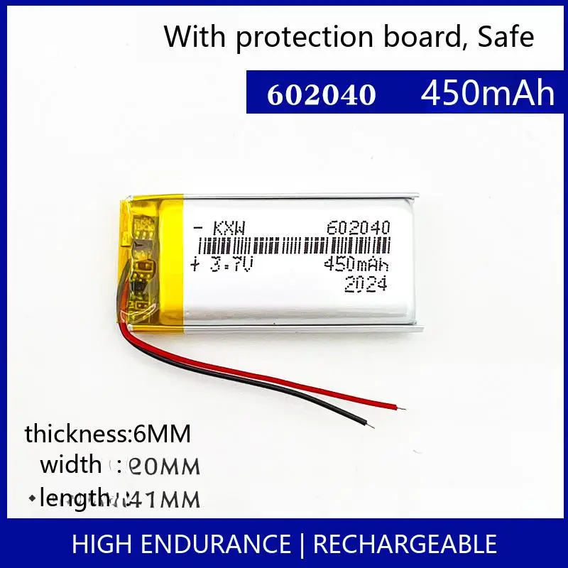 

602040 450mAh 3.7V Rechargeable Lipo Battery Lithium Ion Polymer Cell GPS BT Headset MP3 Player DIY