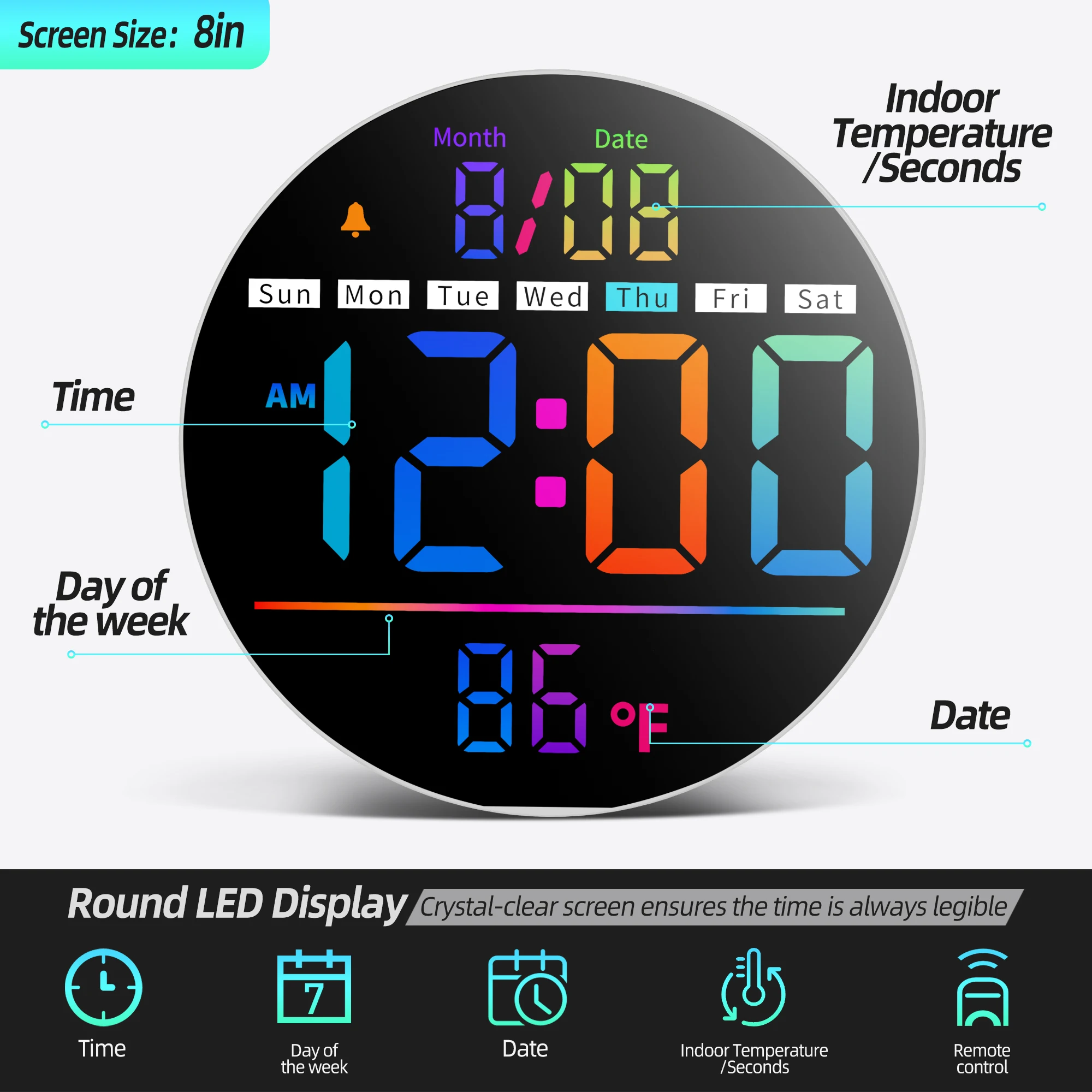 8‘’LED Wall Clockwith Timer,Temperature,Date,Night Light,RGB Color,Alarm,5-Level BrightnessDigital Clock for Classroom,Bedroom
