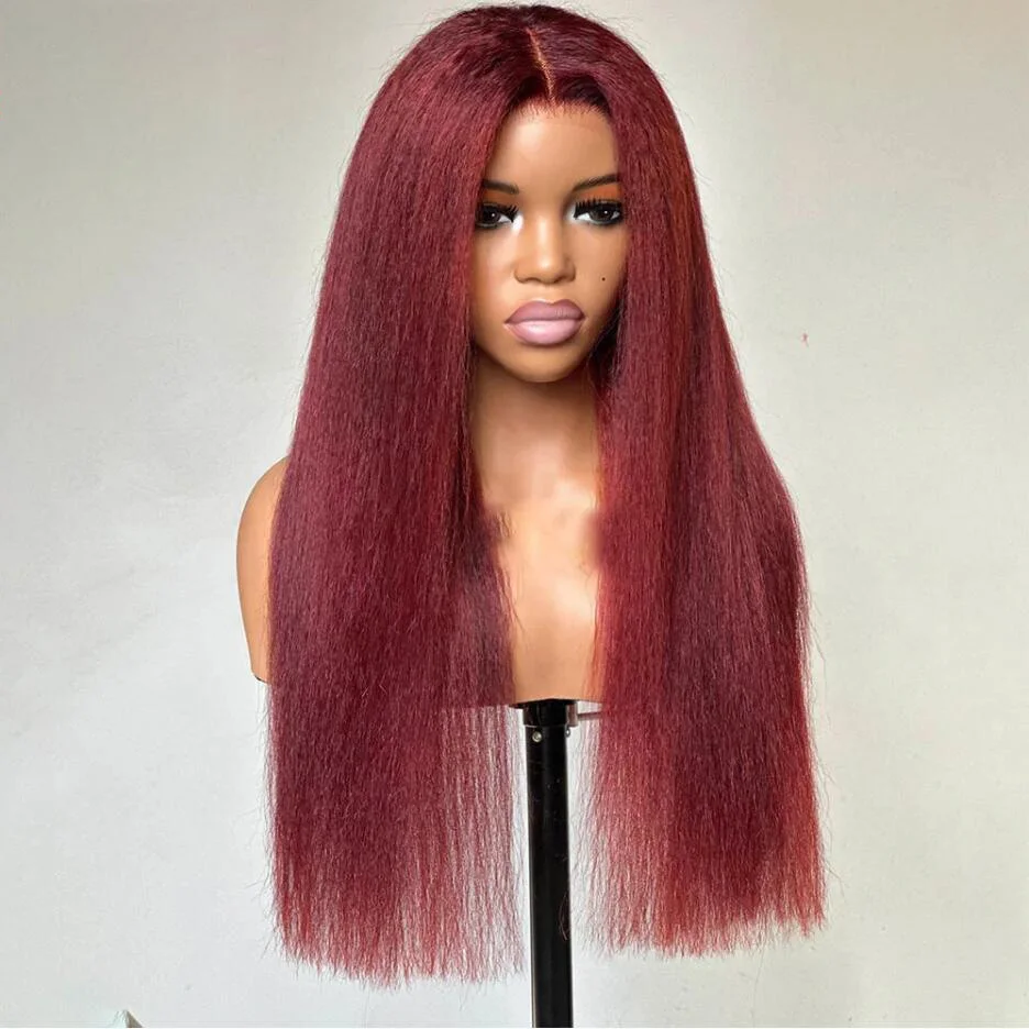 Yaki Soft Burgundy Kinky Straight  Transparent 99j Glueless Wine Full End Lace Front Wigs for Black Women Babyhair Preplucked