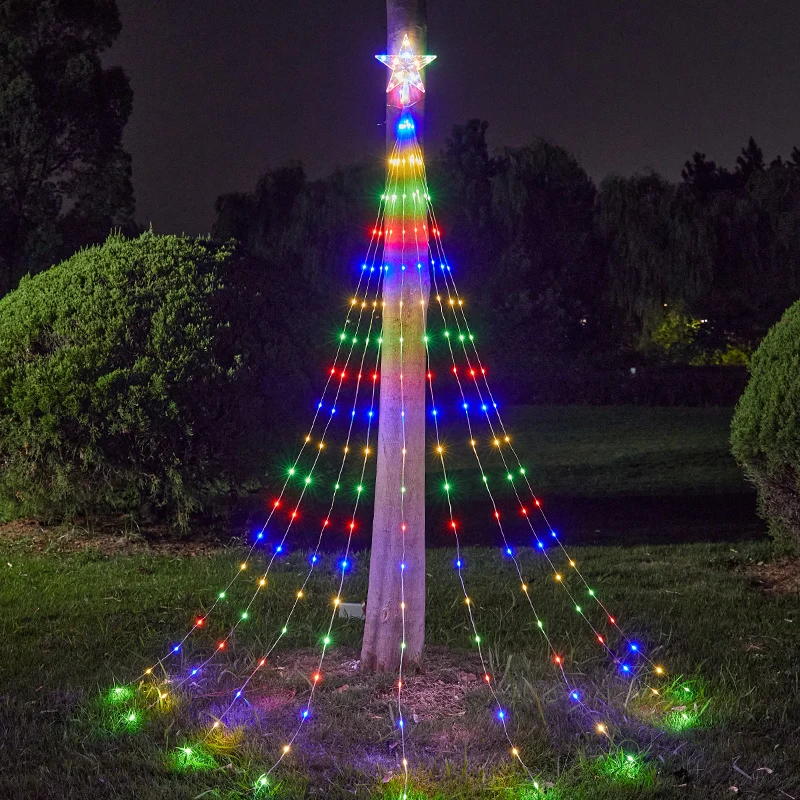 Decorazioni natalizie solari telecomando impermeabile Star String Lights lampada da fata con albero a cascata con decorazioni per esterni a stella superiore