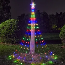Decoraciones navideñas solares con Control remoto, cadena de luces de estrella a prueba de agua, lámpara de hadas de árbol de cascada con estrella superior, decoración al aire libre