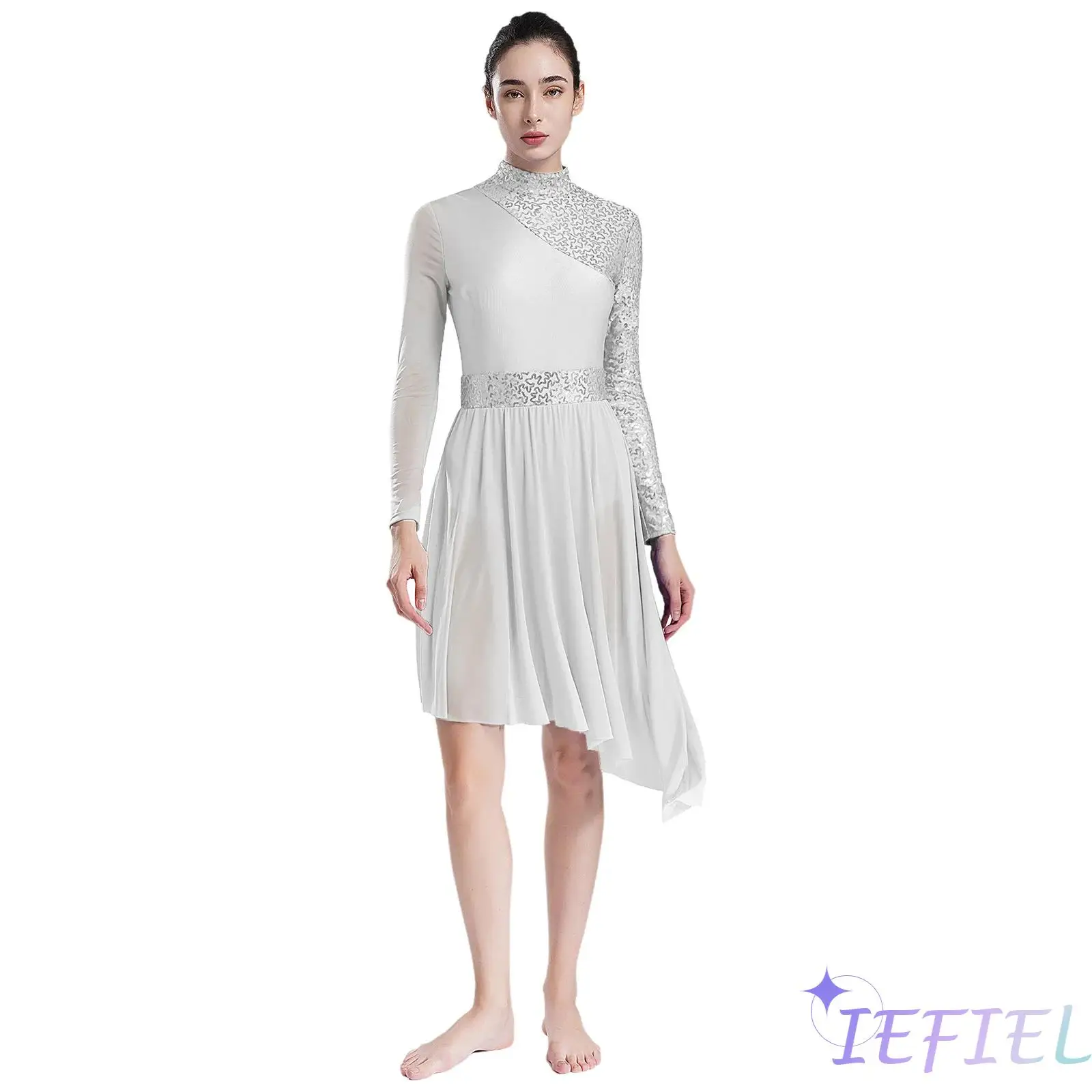 

Womens Figure Skating Performance Dance Dress Sparkly Sequins Long Sleeve Irregular Hem Dresses for Stage Latin Jazz Dance Shows