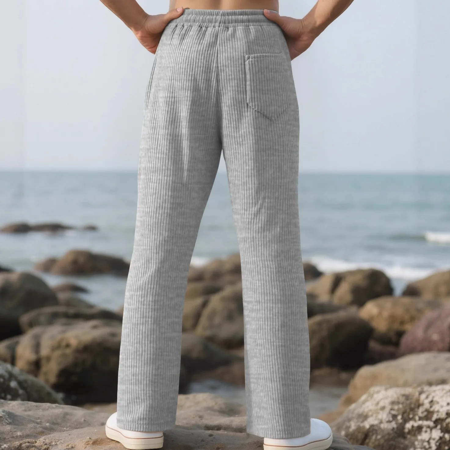 

Men's Baggy Pants Wide Drawstring Waist mid Waist Casual Trousers Relaxed Fit Straight Leg Beige/Gray Solid Color