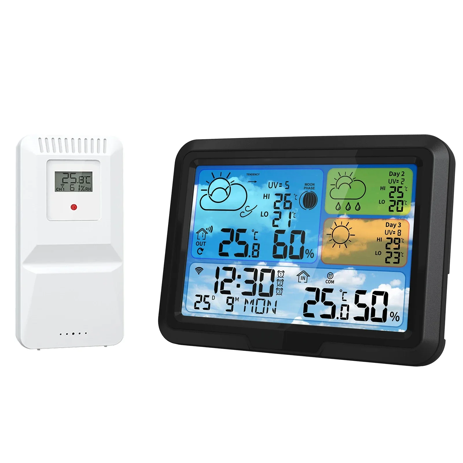 

5.3" Color Smart Tuya WiFi Weather Station Wireless Temperature Humidity Monitor Calandar Alarm 3 Days UV Index Forecast Trend