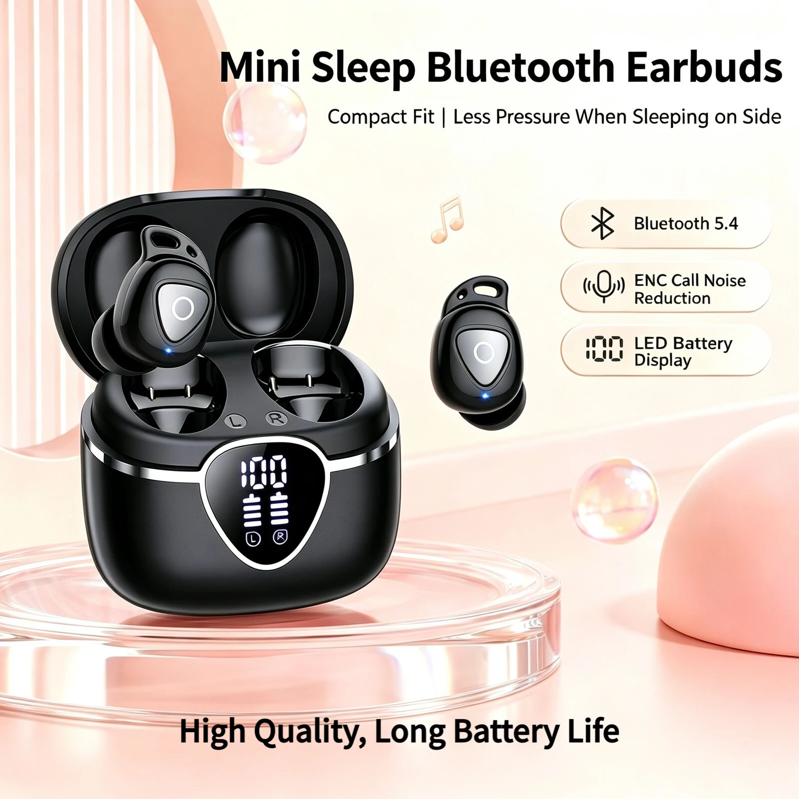 Mini Wireless In Ear Earbuds Bluetooth 5.4 ENC Call Noise Reduction LED Digital Display 3.3g Ultra Light Side Sleep Headphones